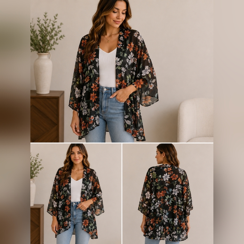 Floral Lightweight Sheer Kimono Cardigan - Black with Orange & White Floral